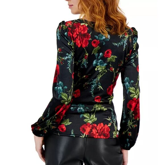 INC Women’s Velvet Floral Ruched Puff Sleeve Top Medium Whimsygoth Romantic Y2K - Picture 2 of 14